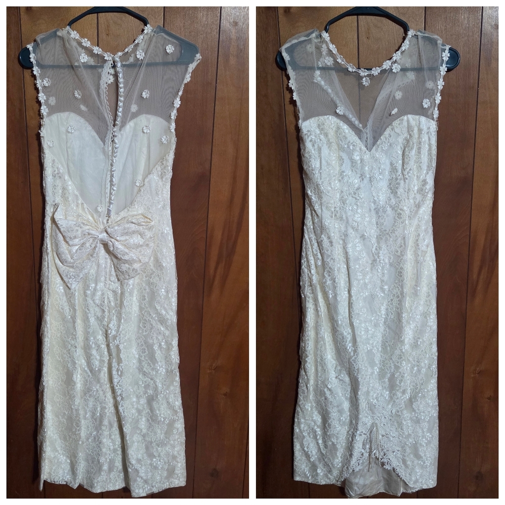 Vintage French Lace California Wedding Bridal Dress Size 12 Lace Embroidered